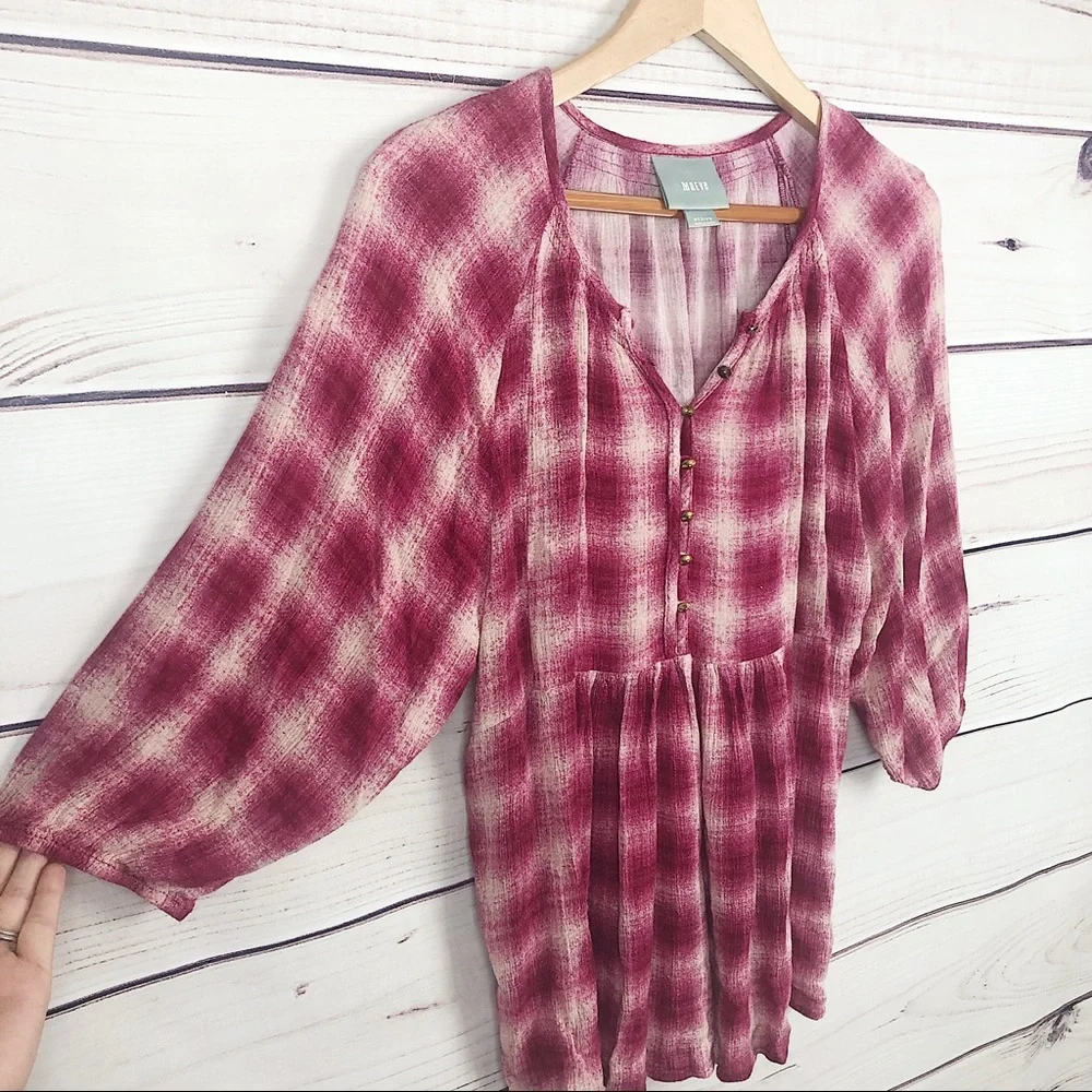 MAEVE Pink Plaid Peplum Shirt Boho Puff Sleeves